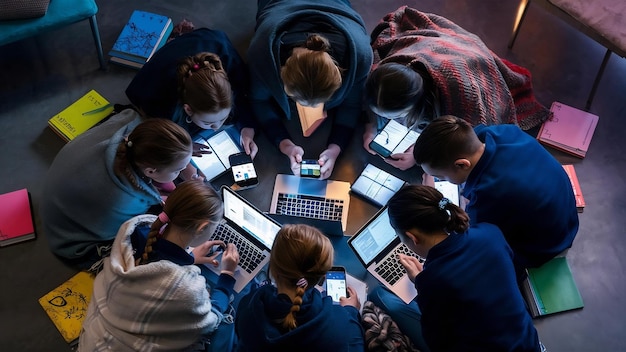 Overhead portret van jonge mensen met laptops en smartphones die samen op de vloer zitten