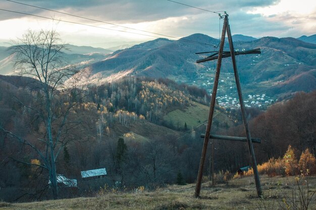 Overhead power lines in mountains landscape photo