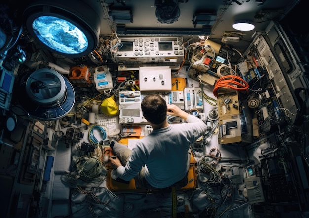 Foto una foto dall'alto di un astronauta che conduce un esperimento scientifico all'interno della stazione spaziale con