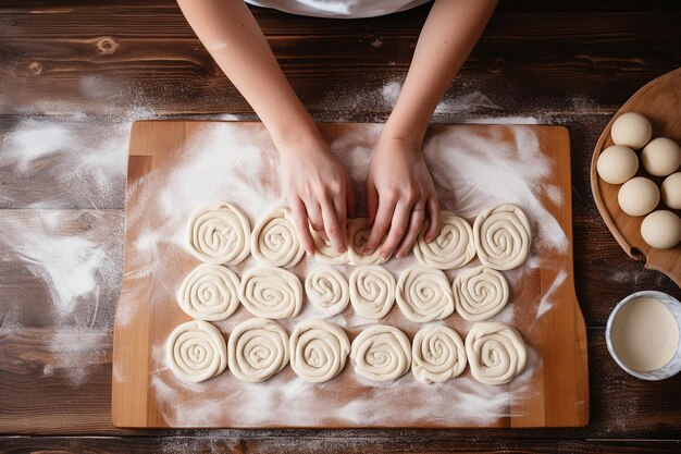 Overhead shot of a baker rolling out dough to make croissants