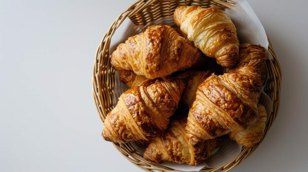 Overhead shot of a Basket of Mini Croissants on a white background