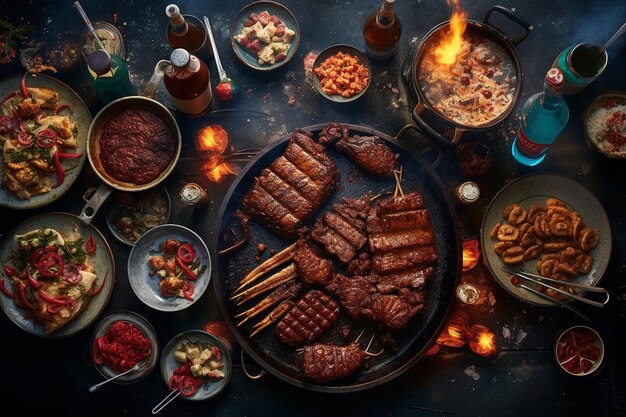 Photo overhead shot of a bbq fourth of july celebration with fireworks