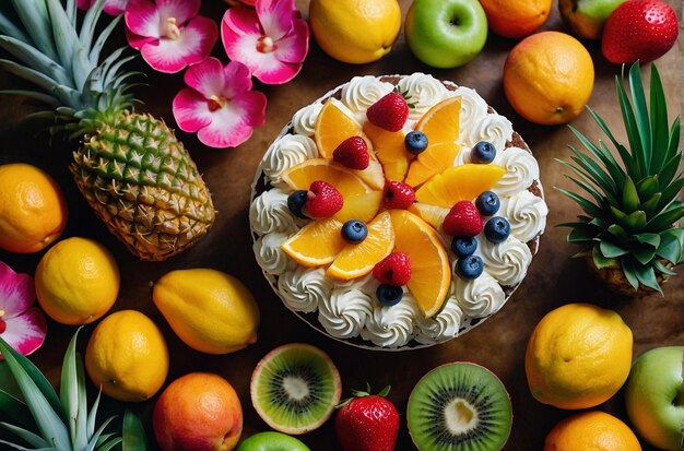 Photo overhead shot of a birthday cake with a vibrant tropical fruit arrangement