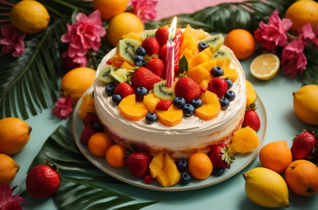 Overhead shot of a birthday cake with a vibrant tropical fruit arrangement