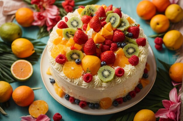 Overhead shot of a birthday cake with a vibrant tropical fruit arrangement