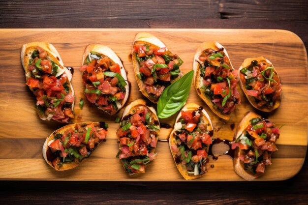 Overhead shot of bruschetta garnished with fresh basil on a wooden serving board
