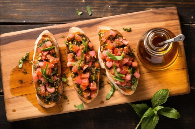 Overhead shot of bruschetta with honey on wooden board