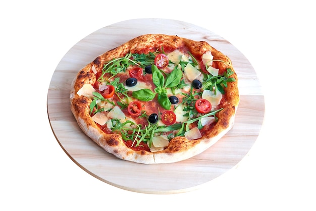 Overhead  shot of Bufala pizza on wooden plank. Isolated on white with clipping path