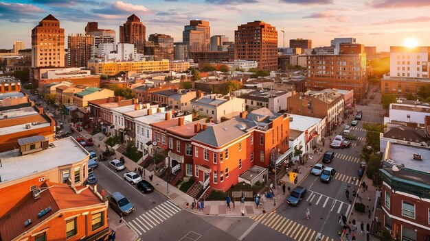 Overhead shot of the buildings and streets of a neighborhood