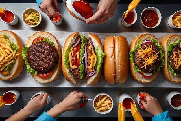 Photo overhead shot of a burger assembly