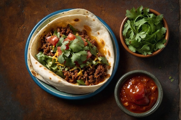 Foto una foto dall'alto di un burrito servito con un lato di piccante