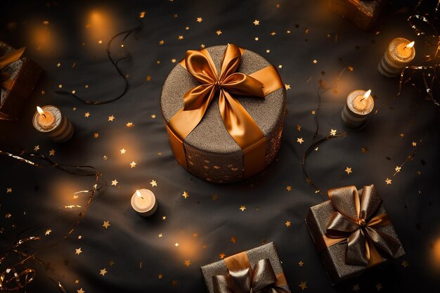 Overhead shot of a cake surrounded by candles and presents for a celebration