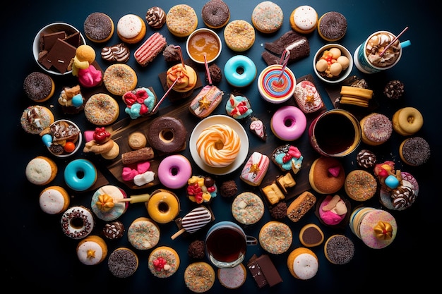 Photo overhead shot of a candy themed dessert bar with assorted candies