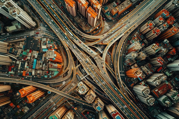 Снимок сверху, запечатлевший оживленную деятельность транспортных средств и пешеходов на городском перекрестке. Лабиринт городских дорог и перекрестков, вид с неба Сгенерировано AI.