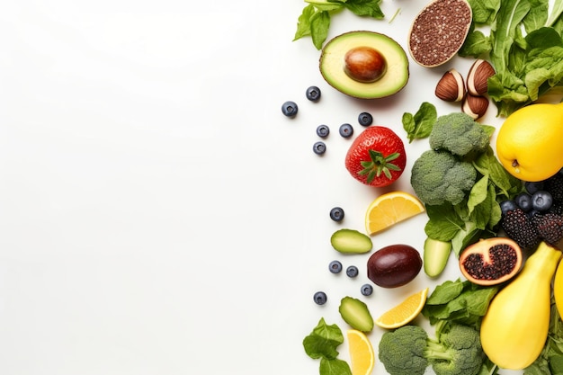 An overhead shot capturing a diverse selection of healthy foods leaving room for text