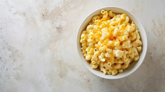 Overhead shot of Cheese Macaroni in a white bowl