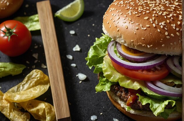 Foto una foto dall'alto di un classico hamburger con pomodoro di lattuga e cipolla su un panino di semi di sesamo