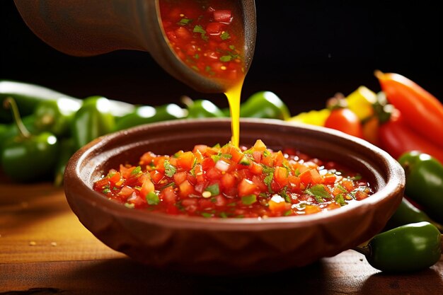 Overhead shot of a colorful salsa being poured into a serving dish