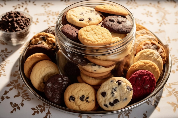 Photo overhead shot of a cookie jar filled with a variety of homemade cookies