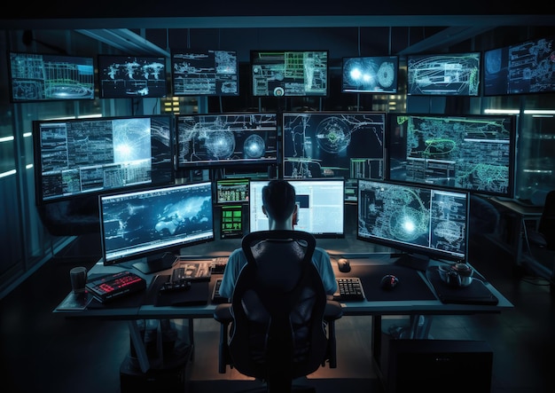 An overhead shot of a cryptographer working at a sleek modern workstation with multiple monitors