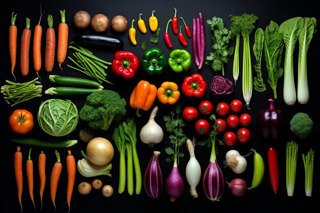 Photo overhead shot of different fresh vegetables put together on a black background ar 32 c 25