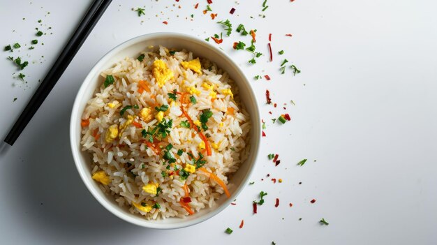 Overhead shot of Egg Fried Rice on a minimalist white background