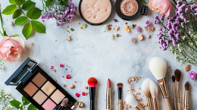 An overhead shot of a flat lay arrangement featuring makeup products brushes and a mirror highlig