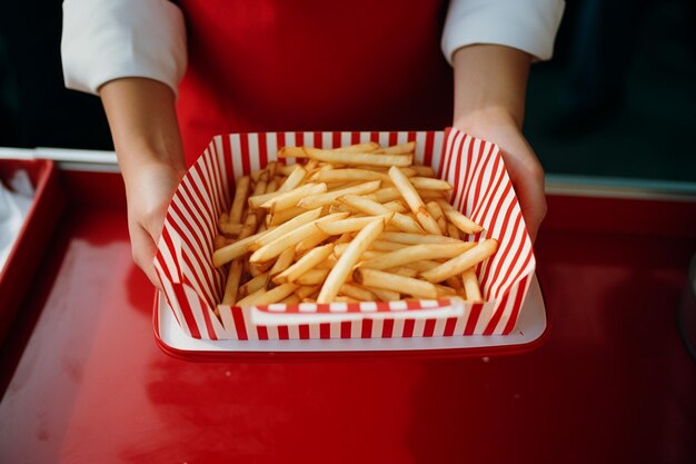 Scatto aereo di patatine fritte servite in una ciotola di porcellana bianca con un bordo blu