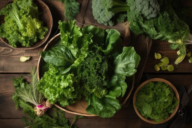 Overhead shot of a fresh green salad on wooden table created with generative ai