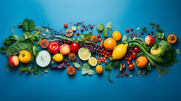 Photo overhead shot of fresh harvest on blue