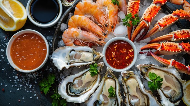 Photo overhead shot of a fresh seafood platter with oysters shrimp crab legs and dipping sauces