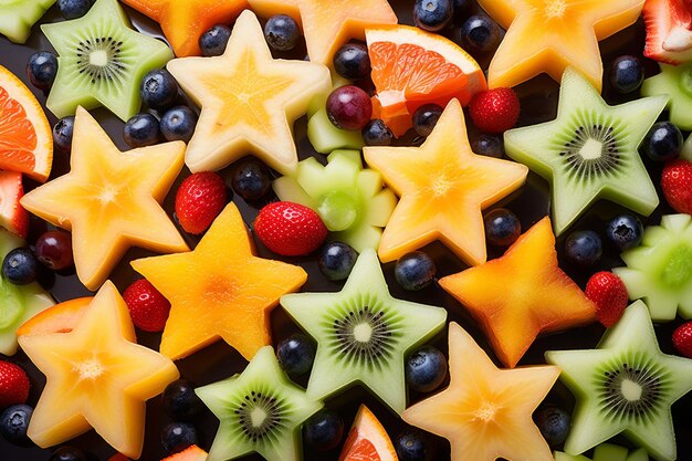 Overhead shot of a fruit salad arranged in a star pattern on a white plate