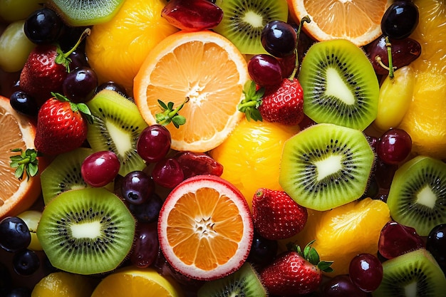 Overhead shot of a fruit salad served in a vintage ceramic bowl