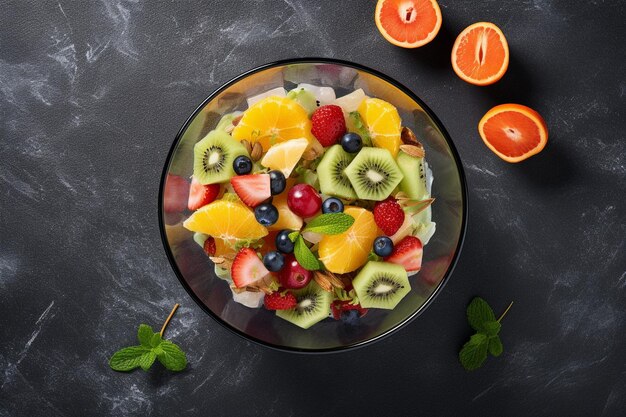 Photo overhead shot of a fruit salad served in a vintage ceramic bowl