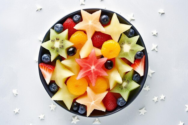 Overhead shot of a fruit salad served in a vintage ceramic bowl