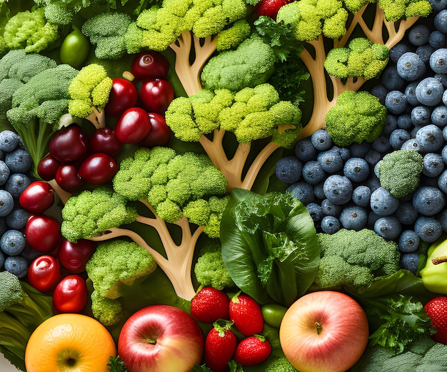 Overhead shot of fruits and vegetables World vegan day concept Generative ai