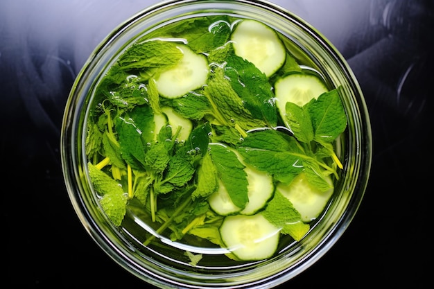 Overhead shot of a glass infusing cucumber and mint in water