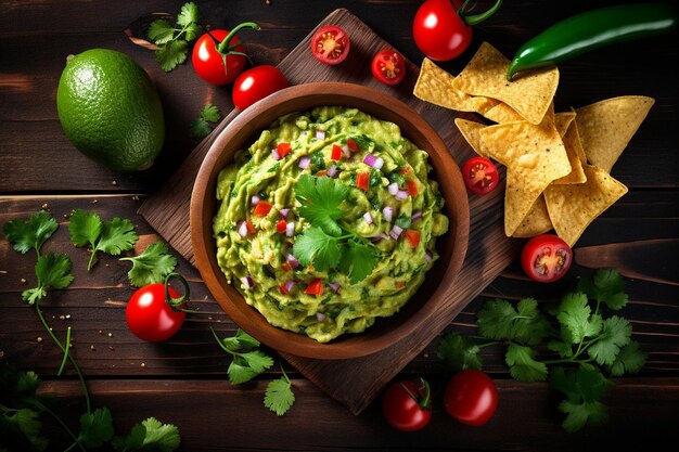 Photo overhead shot of a guacamole bowl surrounded by tortilla chips