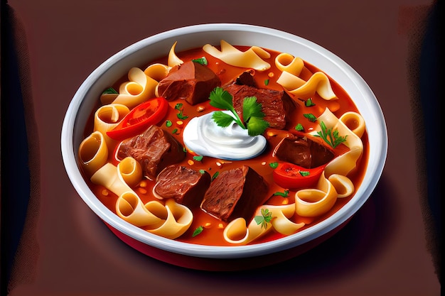 Overhead shot of homemade tasty stewed meat in tomato sauce with vegetables goulash in wooden bowl on rustic table