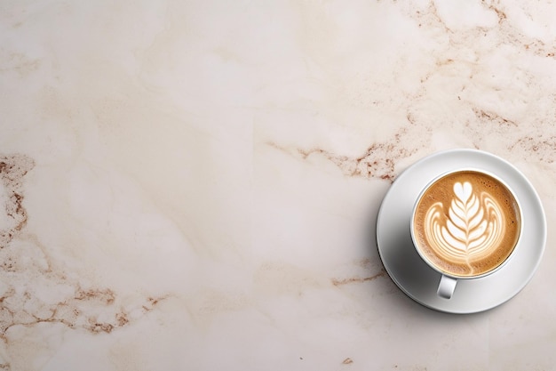 Overhead shot of a latte cup placed on a marble countertop elegant and minimalist