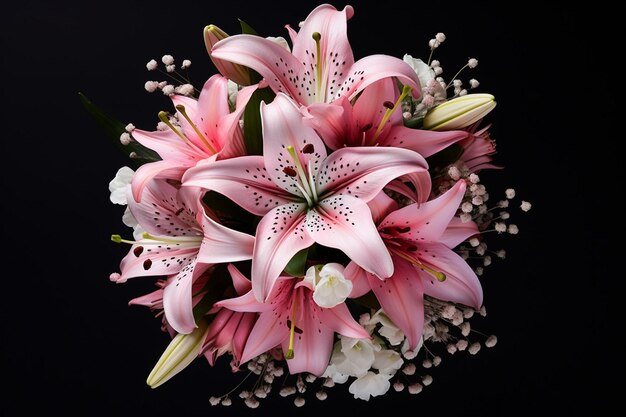 Photo overhead shot of a lily bouquet arranged in an elegant vase