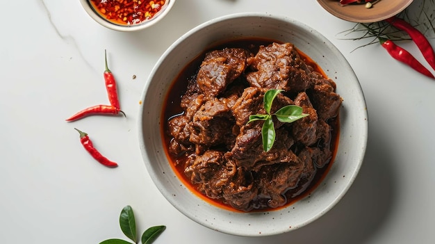 Overhead shot of luscious Beef Rendang on a minimalist white background