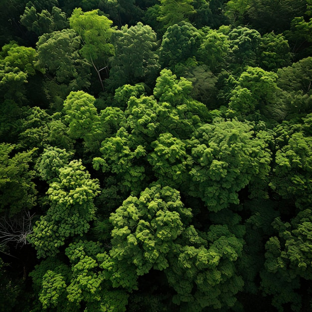 Наземный снимок пышного лесного навеса с густыми зелеными деревьями
