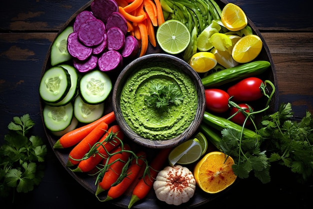 Фото Сверху изображена красочная тарелка с овощами и хумусом с нарезанными огурцами и перцами