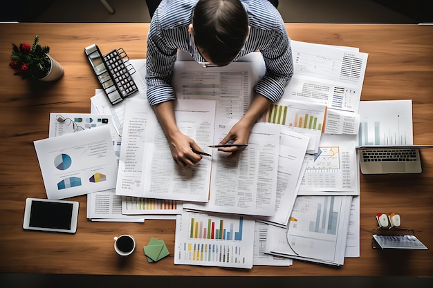 Снимок с вершины человека, организующего финансовые документы на столе