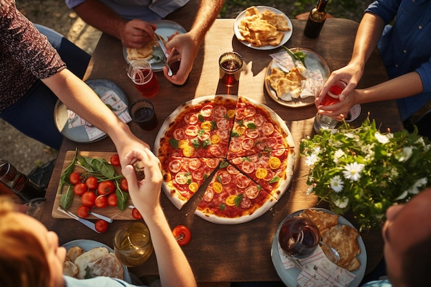 Overhead shot of a pizza being served at a casual pizza party