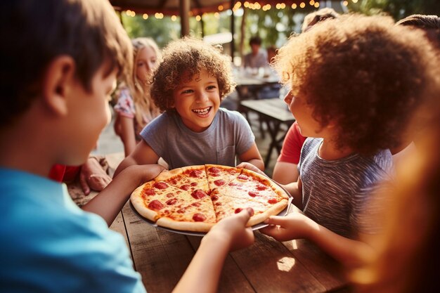 Foto una foto dall'alto di una pizza che viene servita a una festa di pizza casuale