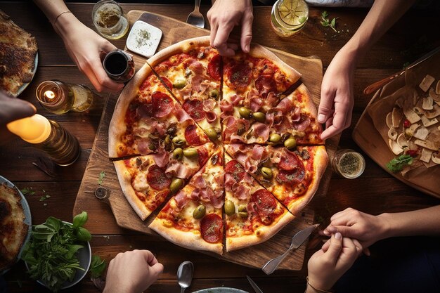 Overhead shot of a pizza being served at a casual pizza party