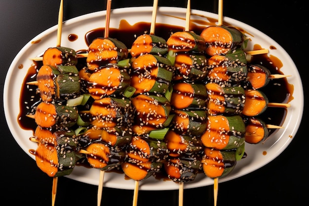 Photo overhead shot of a platter of grilled veggie skewers with balsamic glaze