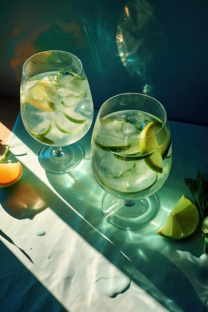 Overhead shot of a refreshing gin and tonic drink with sunlight and shadows generative ai